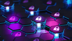 Abstract technological visualization of digital security, showing interconnected hexagonal cells with lock symbols, illuminated in vibrant purple and blue tones with digital texture.