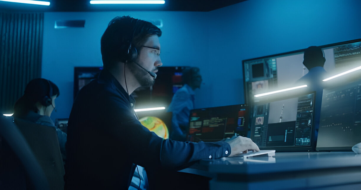 Data center or mission control scene with professionals seated at computer stations, illuminated by cool blue overhead lights and display screens