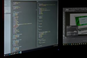 A software development environment showing a complex codebase with various programming languages and syntax.