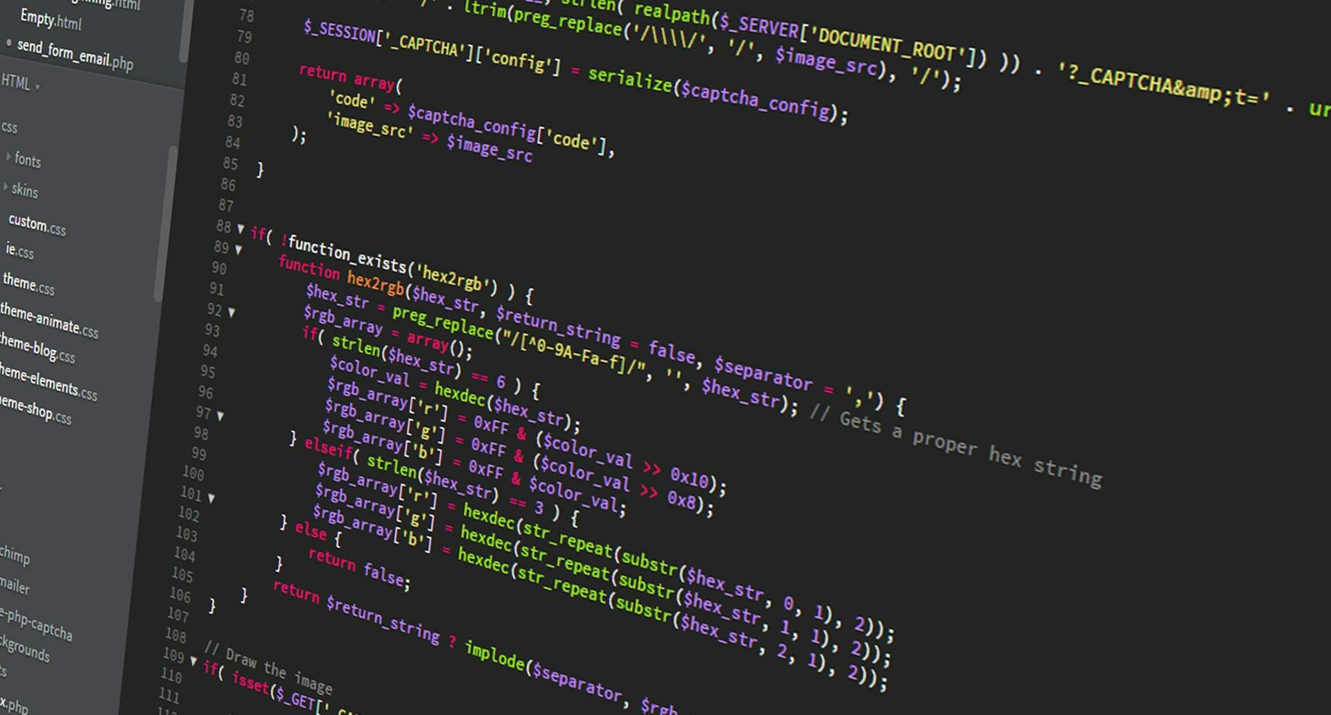 Programming code snippet featuring hexadecimal color values, string replacements, and logic for handling CAPTCHA functionality.