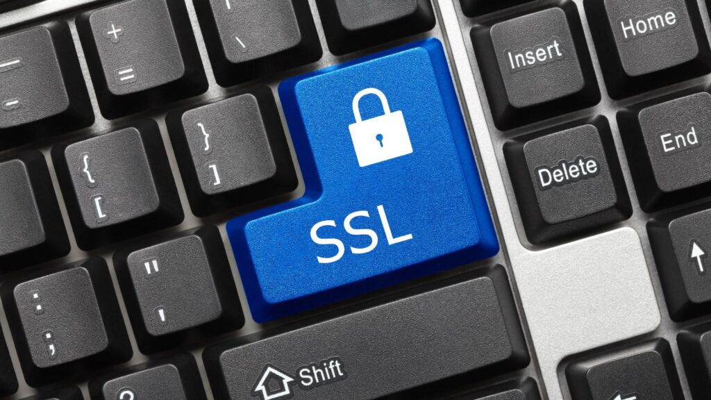 A close-up view of a computer keyboard, with a blue key prominently displaying the text "SSL". The key represents the importance of SSL (Secure Sockets Layer) technology in ensuring secure online communication.