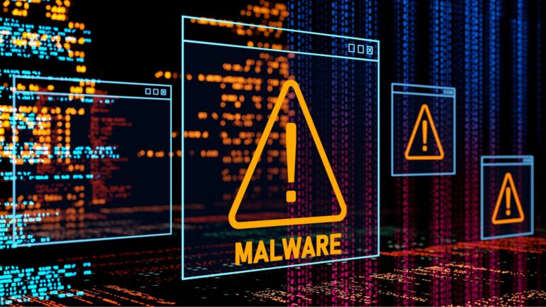 A digital security alert interface displaying the word "MALWARE" in large, prominent text, surrounded by various cybersecurity warning icons and a chaotic digital backdrop. The image conveys the serious threat of malware attacks in the digital landscape.