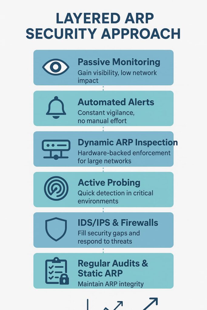 A layered security approach diagram illustrating different security measures, including passive monitoring, automated alerts, dynamic ARP inspection, active probing, IDS/IPS, and regular audits. The image outlines a comprehensive security strategy to address various security challenges in a networked environment.