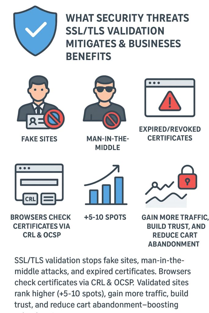 A blue security shield icon, surrounded by icons representing various security threats and benefits of SSL/TLS validation. The image provides an overview of the security threats SSL/TLS validation mitigates and the business benefits it offers.