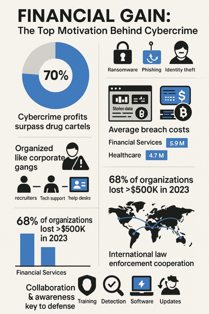 Infographic titled "Financial Gain: The Top Motivation Behind Cybercrime," displaying statistics on cybercrime profits, organizational losses, and the comparison to drug cartels.