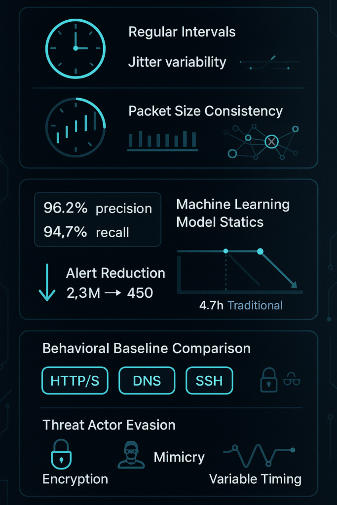 Cybersecurity dashboard showing detection metrics, machine learning model performance, and threat actor evasion techniques.