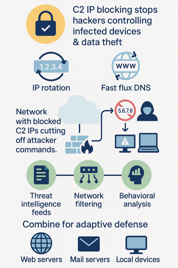An infographic illustrating the role of known C2 IP address blocking in improving cybersecurity measures.
