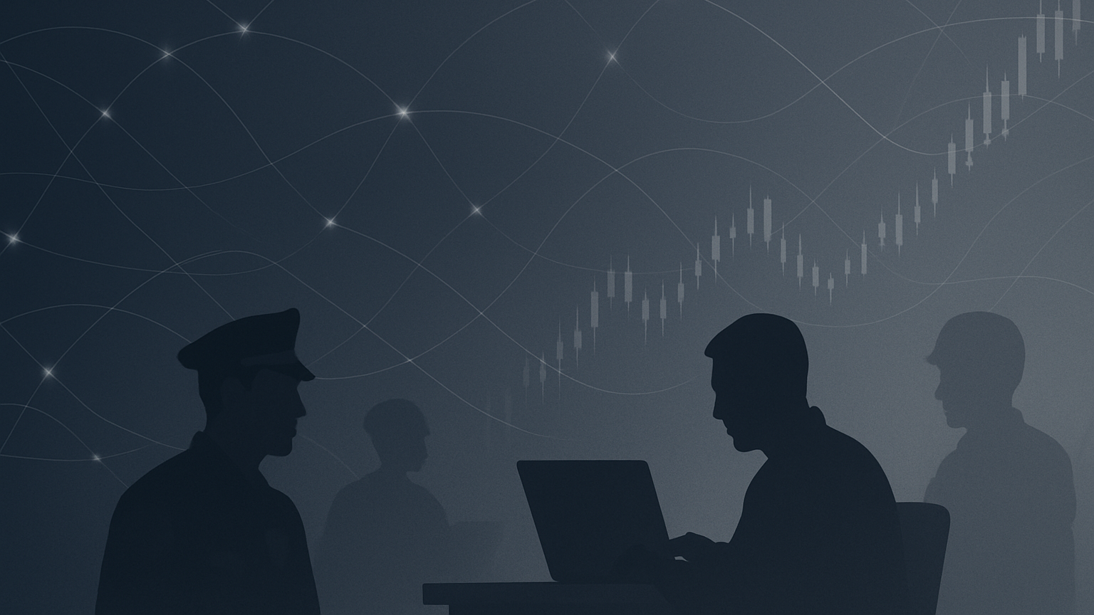 Silhouettes of law enforcement and security professionals working at laptops against a backdrop of digital network lines and rising financial graphs.