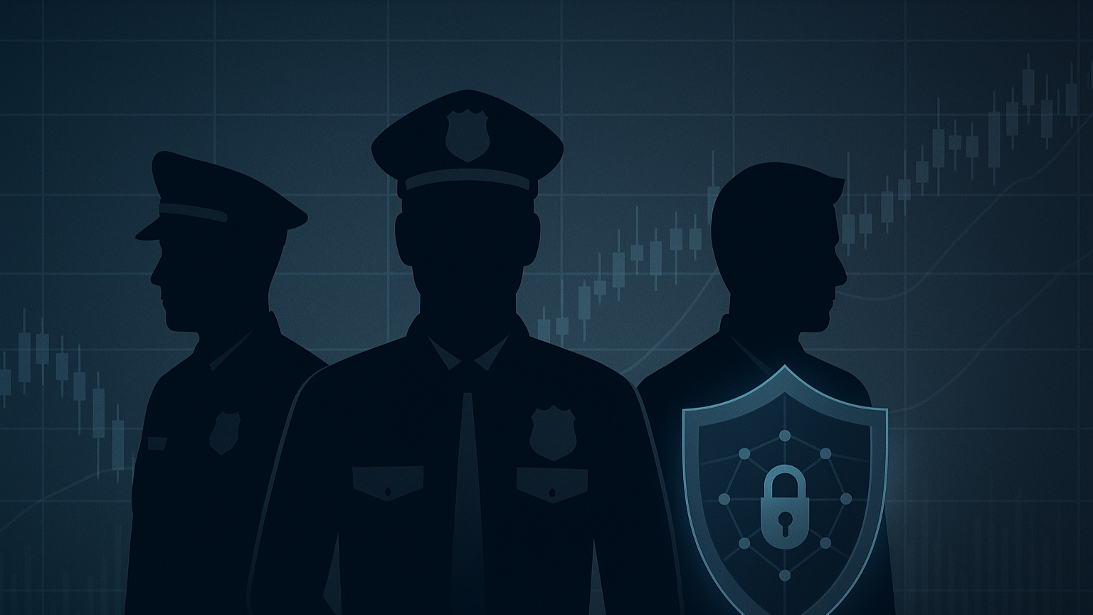 aw enforcement officers in front of digital financial graphs, with a glowing shield and padlock symbol representing cybersecurity protection.