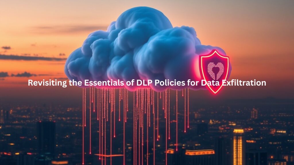A cloud-shaped digital structure floats over a cityscape at dusk. Streams of glowing data attempt to leave the cloud, but semi-transparent shields block them, symbolizing DLP in cloud storage.