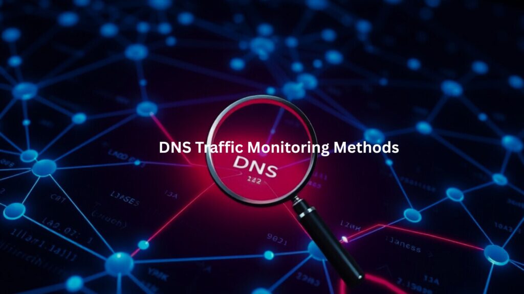 A glowing digital network map with blue nodes and connections, where one highlighted path glows red, representing suspicious DNS traffic.