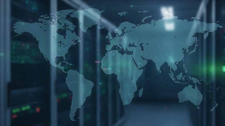 A visual representation of cyber defense strategies, featuring a network map and symbols indicating blocked threats on a global scale.