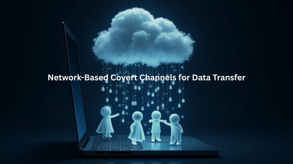 A laptop with small, ghostly digital figures (symbolizing malware) funneling files upward into a stylized cloud.