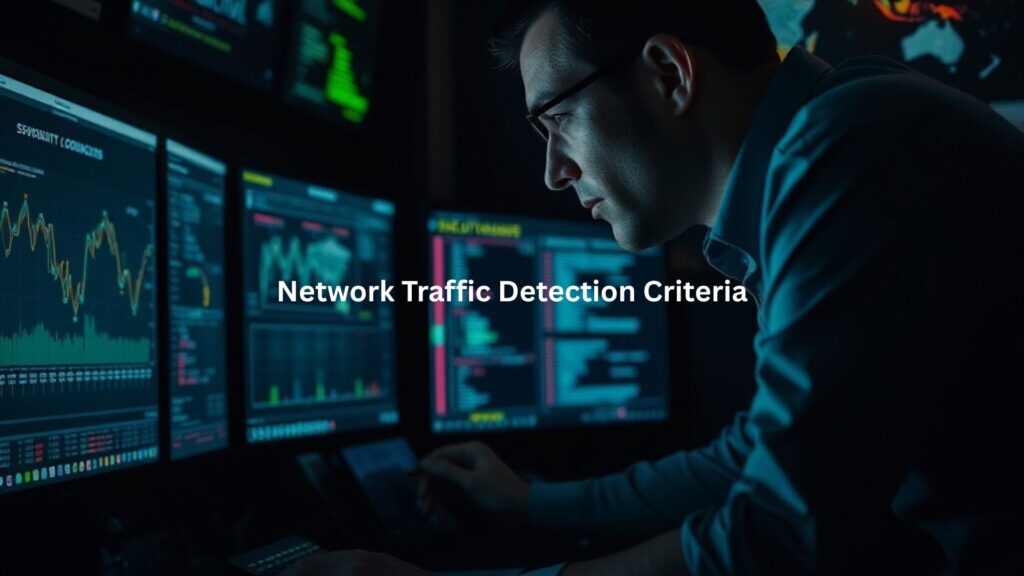 A focused IT professional in a dimly lit security operations center, surrounded by multiple screens. 