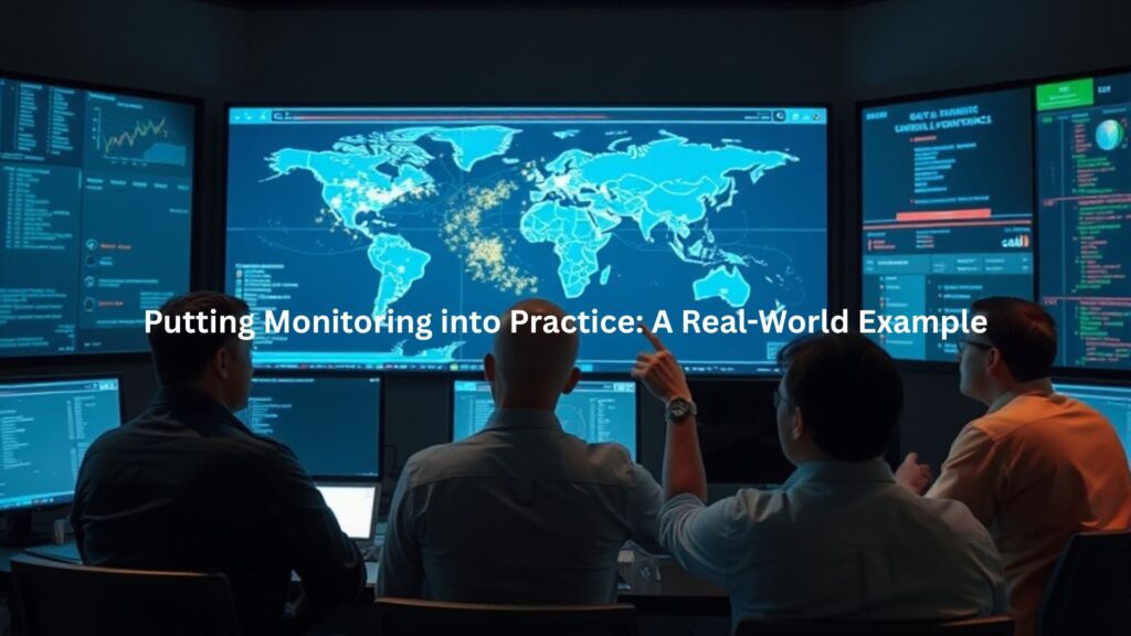 A team of IT professionals in a control center surrounded by large wall screens.