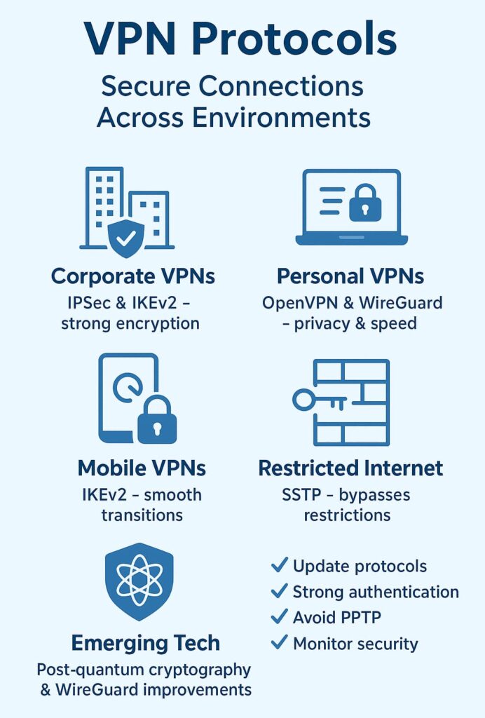 An infographic detailing various VPN protocols and their features, including secure connections, privacy, and bypassing restrictions.