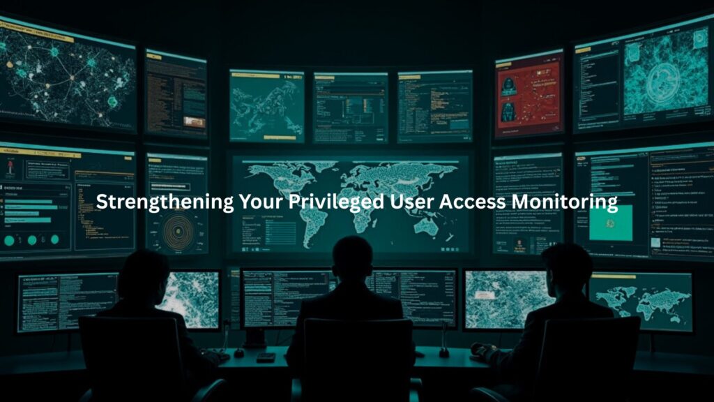 A futuristic security operations center with multiple glowing monitors showing abstract data flows, login attempts, and network maps.