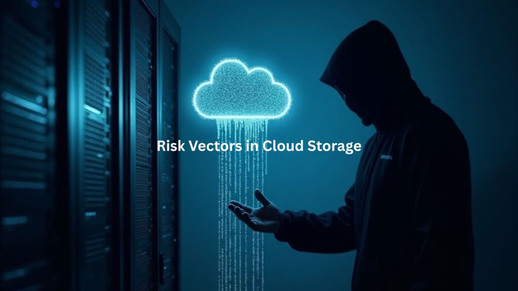 A glowing cloud icon hovers above a server rack, but thin streams of binary code drip downward like water leaks.