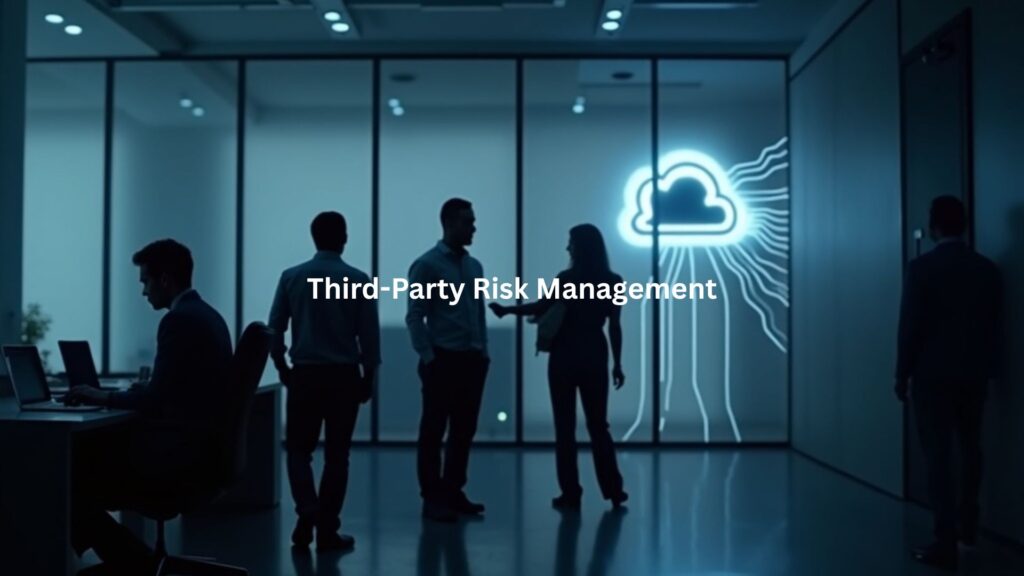 A sleek corporate office scene shows employees working normally, a glowing tunnel of light connects a laptop to an external, dark cloud.