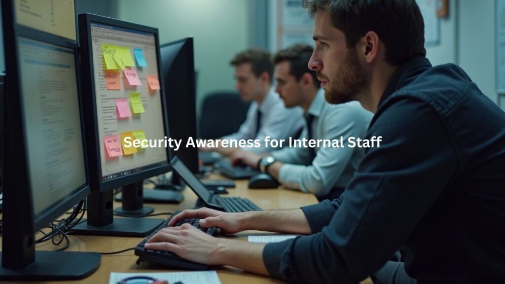 A workplace setting with multiple employees.