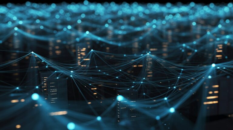 Aerial view of interconnected servers with glowing data lines, depicting a vast network infrastructure.