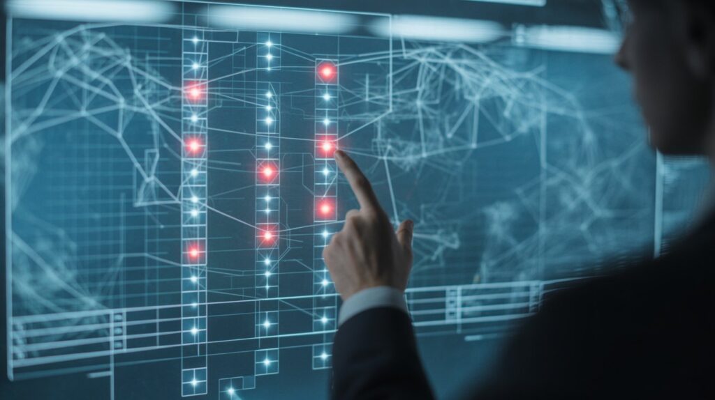 A professional examining a digital map of network activity, with red lights indicating areas of concern for cyber defense.