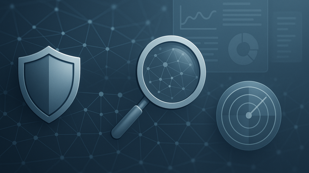  Digital representation of detection systems and security tools with protective shield and network analysis icons.