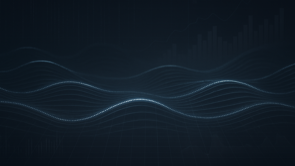 Abstract visualization of beaconing traffic patterns with glowing digital wave lines over a dark grid.
