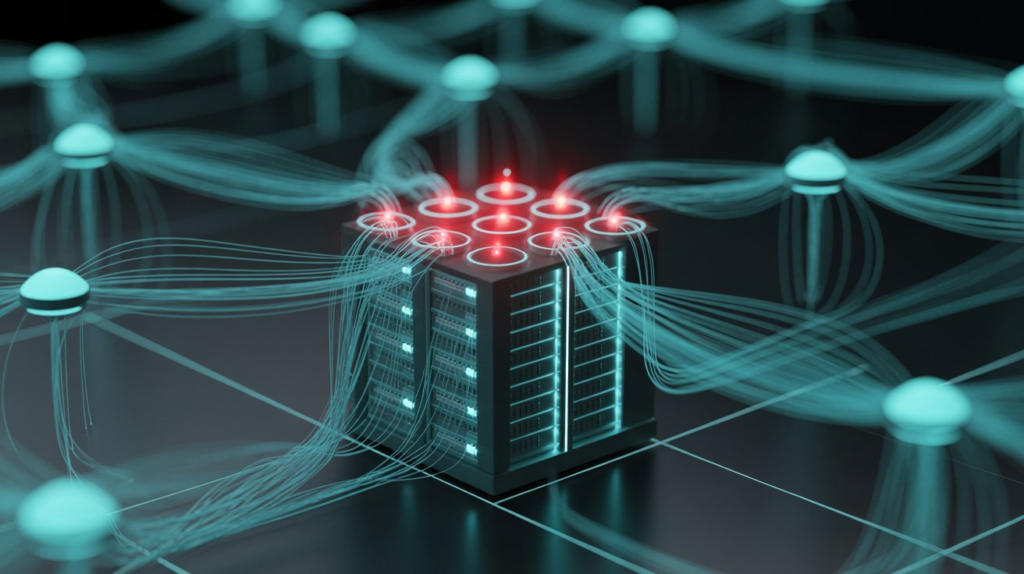 Artistic rendering of a server tower surrounded by glowing data lines, symbolizing network activity.