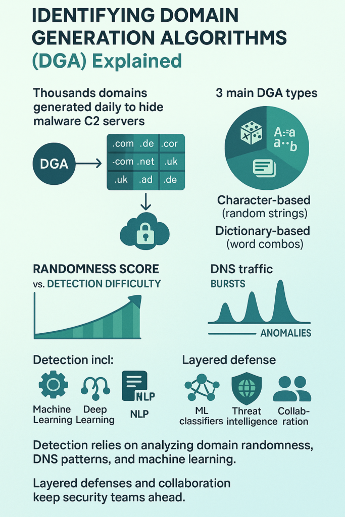 Infographic detailing Domain Generation Algorithms (DGA) including their detection methods and randomization scores.