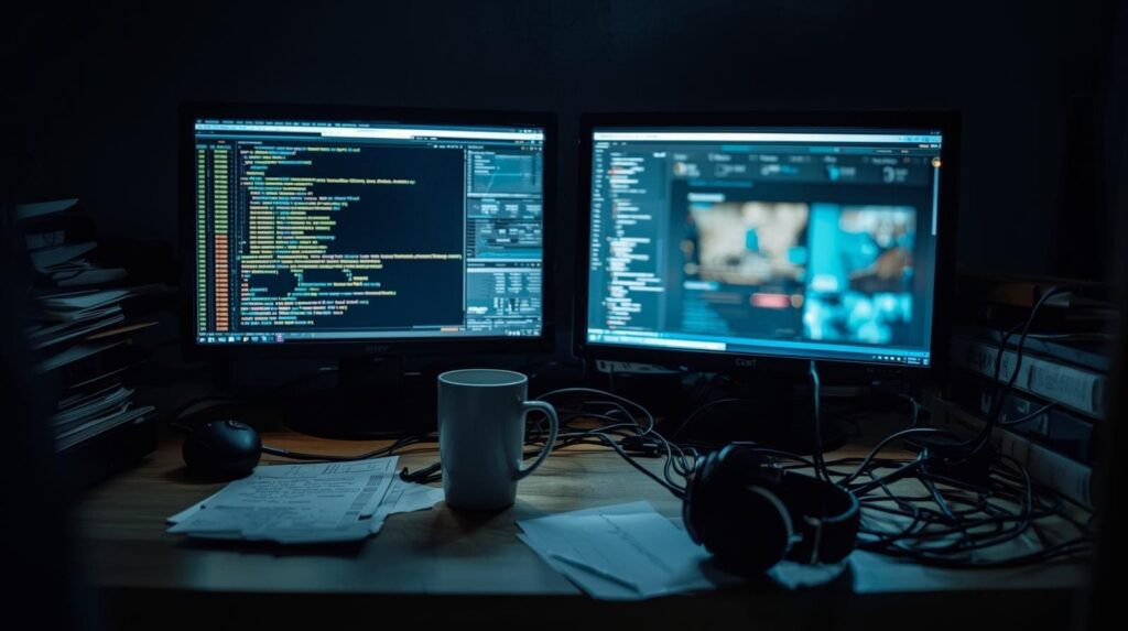 A dimly lit desk with two screens, one filled with programming code and the other with a gaming dashboard, alongside scattered papers and headphones.