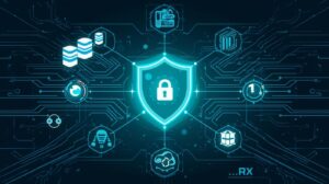 "A futuristic graphic displaying a shield icon with a lock, connected to various technology symbols on a circuit board background."