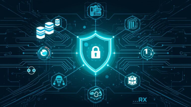 "A futuristic graphic displaying a shield icon with a lock, connected to various technology symbols on a circuit board background."