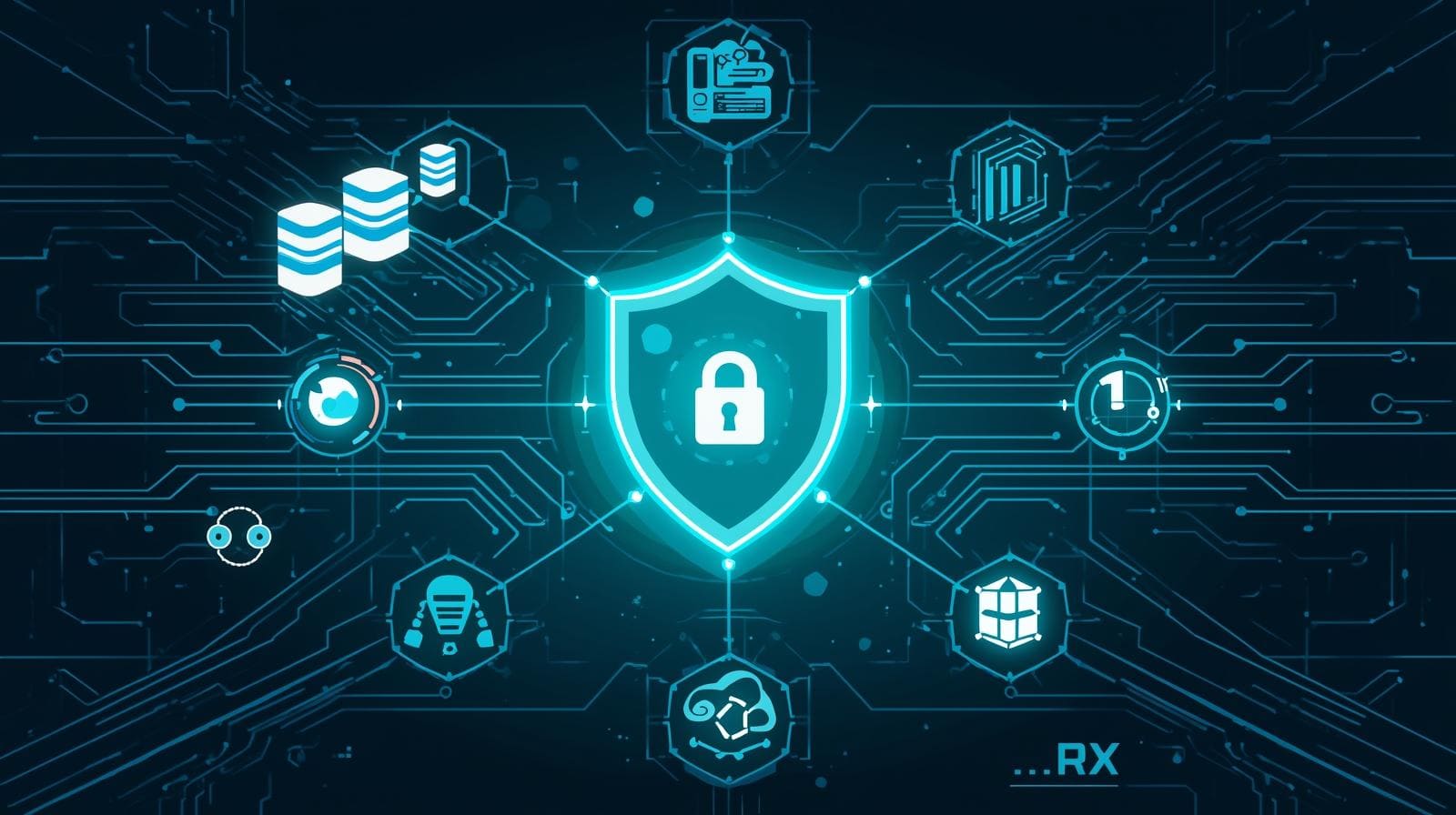 "A futuristic graphic displaying a shield icon with a lock, connected to various technology symbols on a circuit board background."