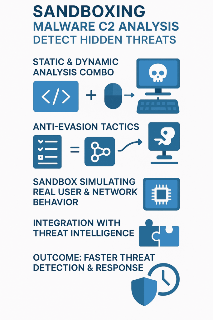 An infographic titled "Sandboxing" illustrating various malware analysis techniques and processes.