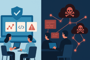 A graphic depicting cybersecurity professionals collaborating on laptops, with visual elements representing malware threats.