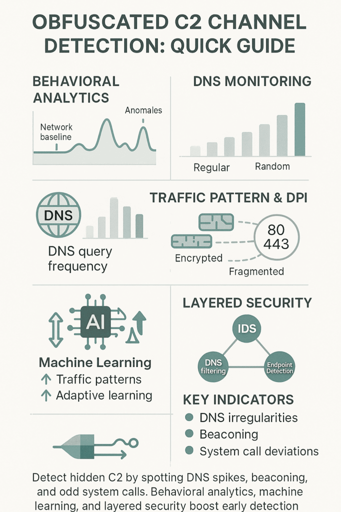 "Infographic illustrating key techniques for detecting obfuscated command-and-control (C2) channels, including behavioral analytics, DNS monitoring, traffic pattern analysis, and machine learning."