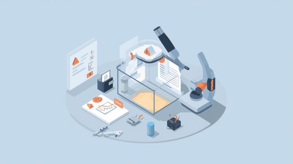 A stylized graphic depicting a research environment with equipment and papers laid out on a table.