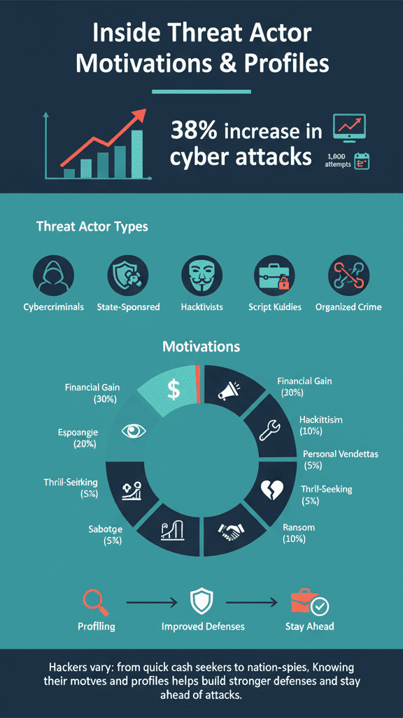  Infographic illustrating a 38% increase in cyber attacks, highlighting various threat actor types and their motivations.
