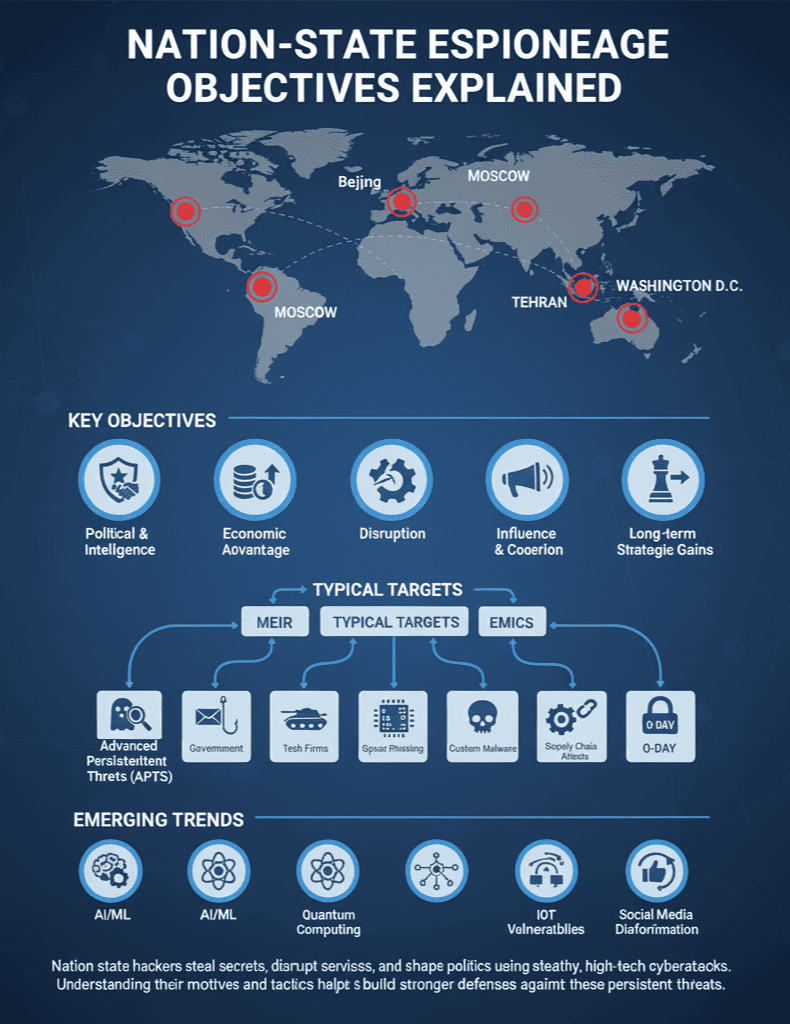 An infographic detailing the objectives of nation-state espionage, with icons representing key targets and emerging trends in cybersecurity.