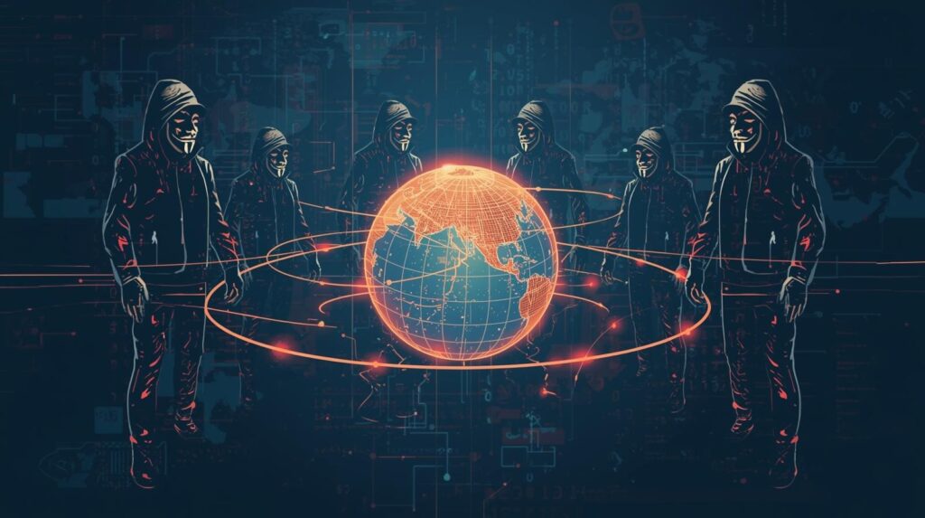"Graphic representation of a globe surrounded by six hooded individuals, emphasizing themes of digital security."