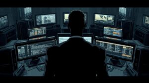 Silhouette of a professional looking at several monitors filled with complex information, symbolizing cybersecurity monitoring.