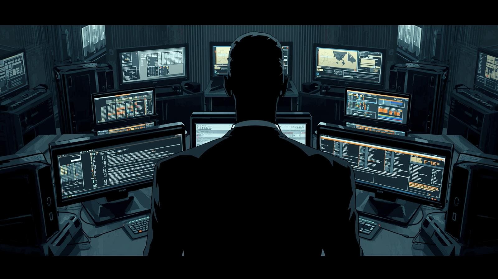 Silhouette of a professional looking at several monitors filled with complex information, symbolizing cybersecurity monitoring.