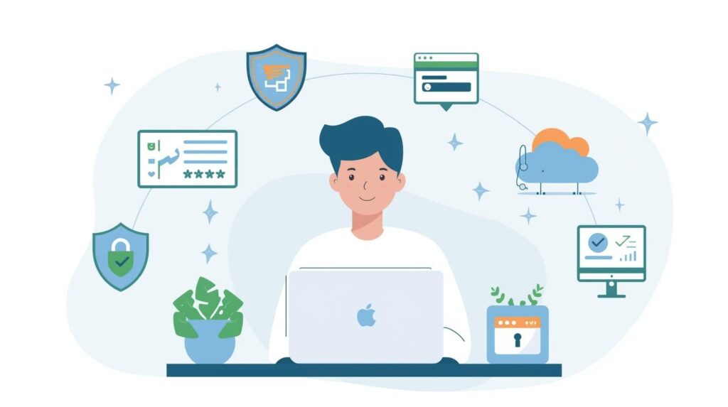 Illustration of a young individual engaged with a laptop, with visual elements depicting cybersecurity measures and data protection.