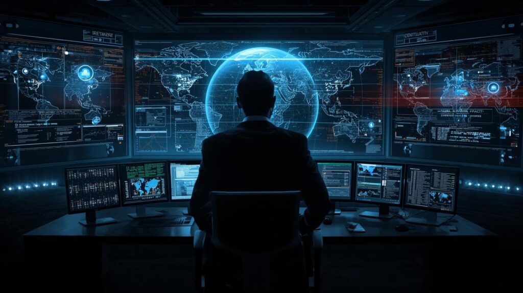 A tech-focused workspace featuring a figure viewing a digital globe and various screens filled with information and metrics.