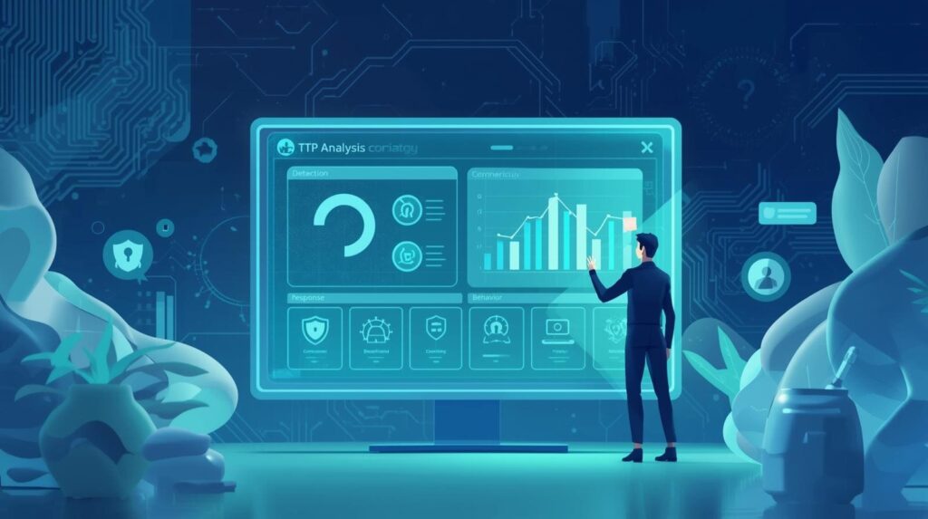 "A person analyzing a digital dashboard displaying TTP (Tactics, Techniques, and Procedures) analysis with graphs and cybersecurity metrics."