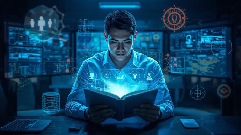 "An individual engrossed in a book that emits digital information, symbolizing the integration of knowledge and technology in cybersecurity."