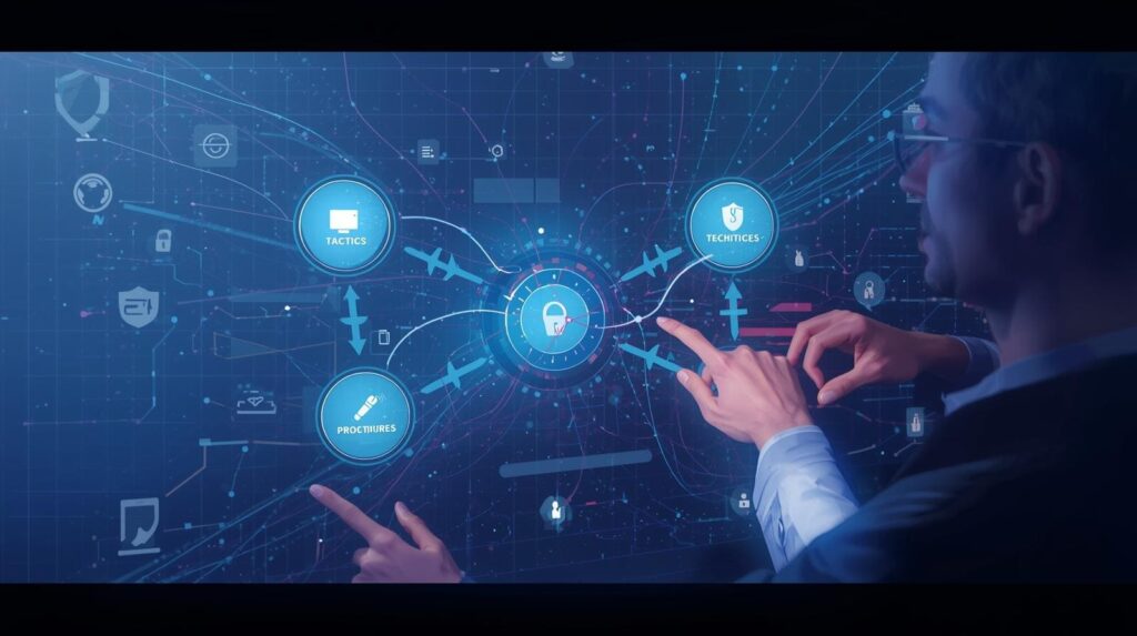 "An abstract representation of cybersecurity strategies, with visual connections among various elements relevant to threat analysis."