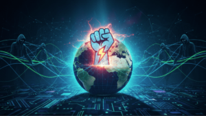 "An artistic representation of a world globe with a fist icon, highlighting themes of empowerment in the digital age."