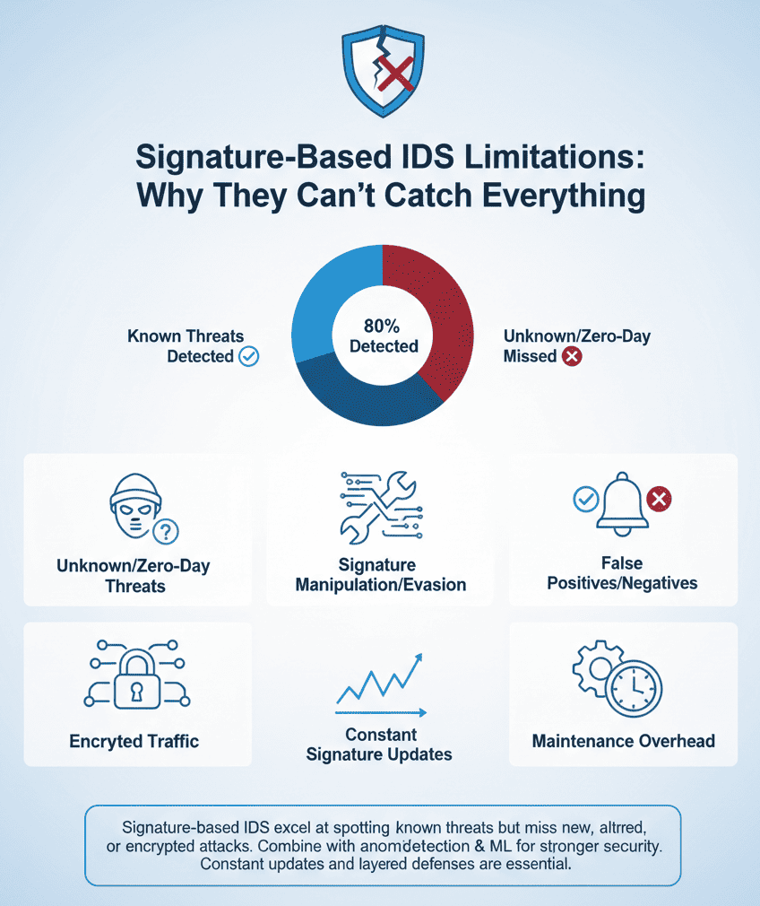An infographic explaining the limitations of signature-based IDS, showing factors like known threats detected, unknown threats missed, and maintenance overhead.